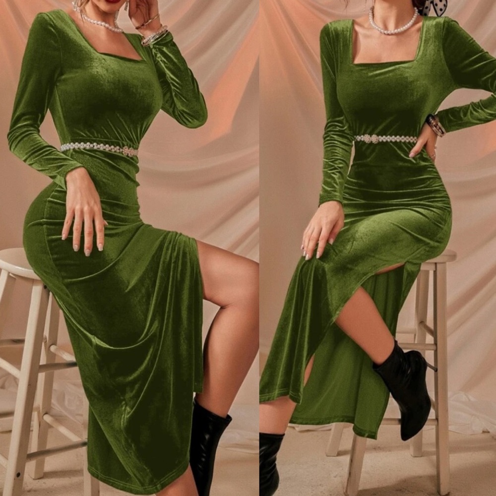 Velvet square neck split thigh maxi dress - Picture 3 of 7